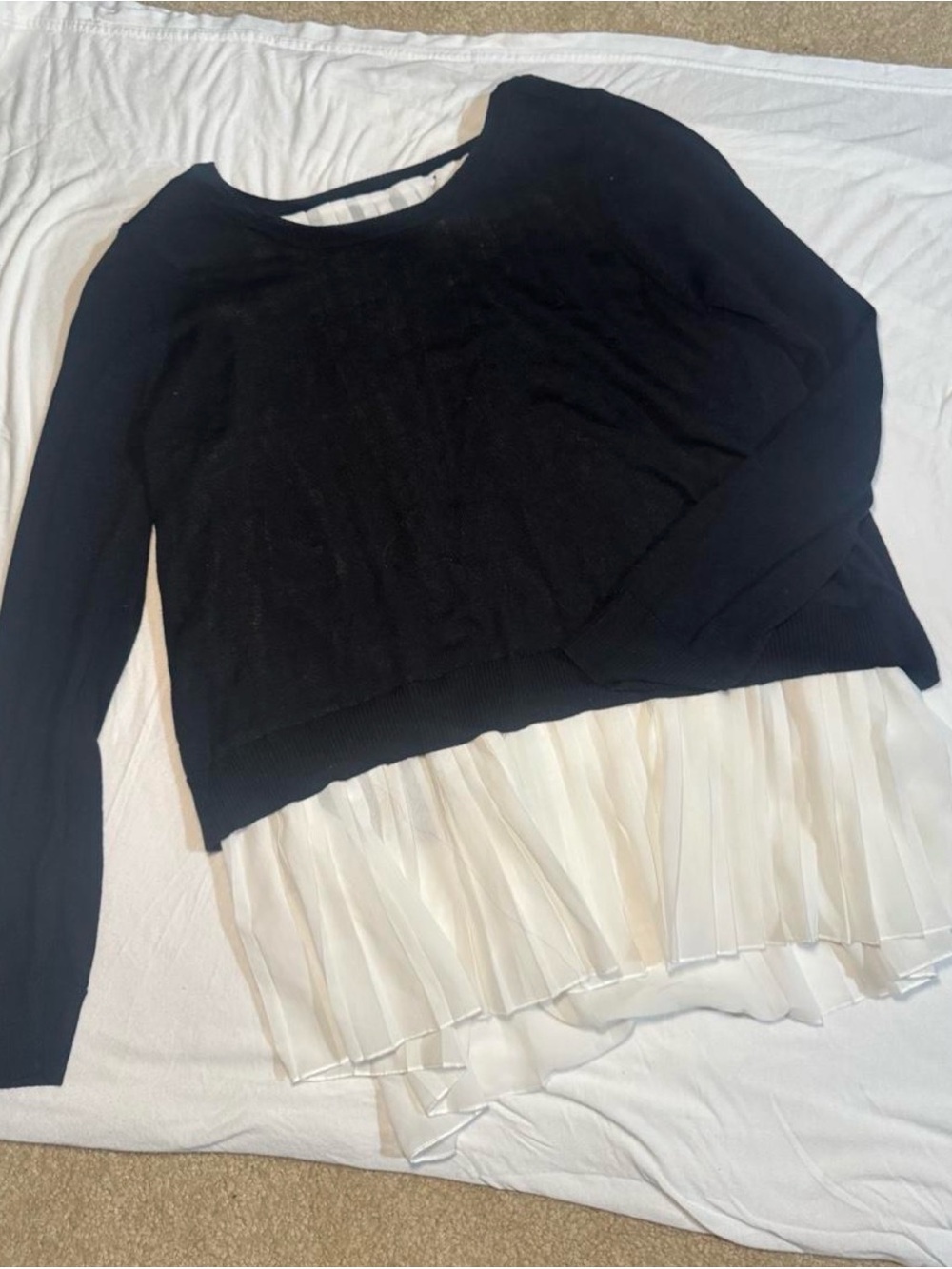 Black Layered Knit Top with White Pleated Hem
